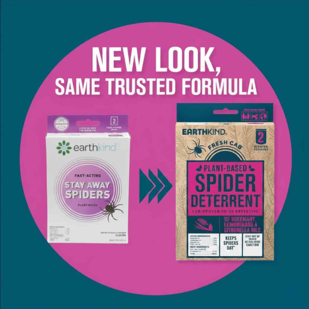 Two packages of Earthkind spider deterrence products with a pink circle and text overlay on a blue background.