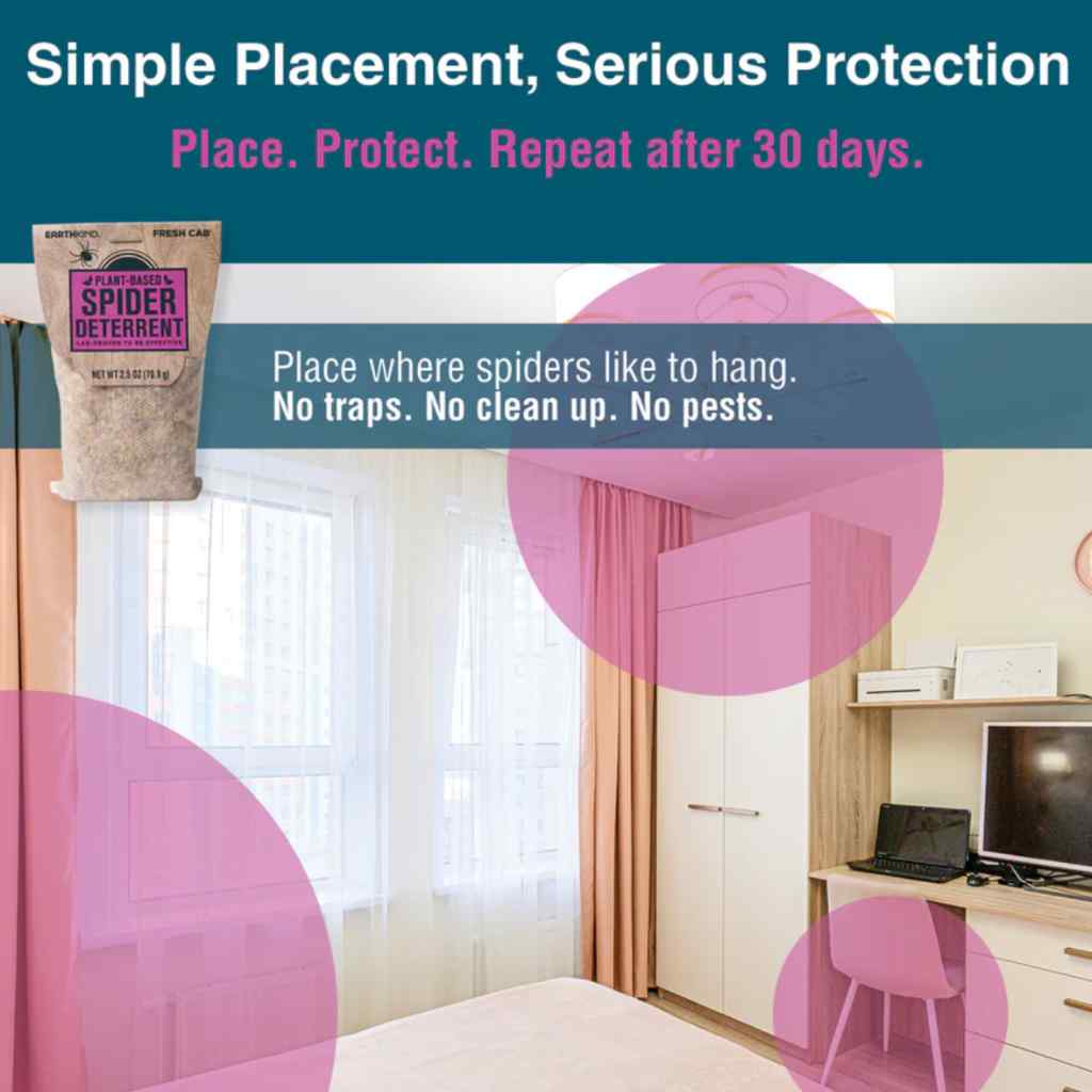 Room with a spider deterrent product on a window sill, promoting simple placement for serious protection.