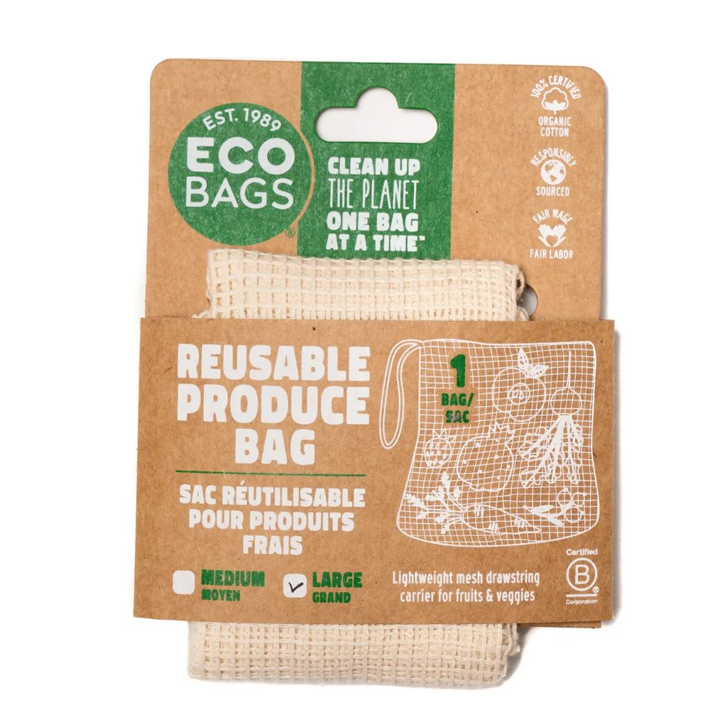 A reusable produce bag in kraft paper packaging, featuring a beige mesh drawstring carrier with a green and brown cardboard backing that reads 'ECO BAGS' and 'REUSABLE PRODUCE BAG'.