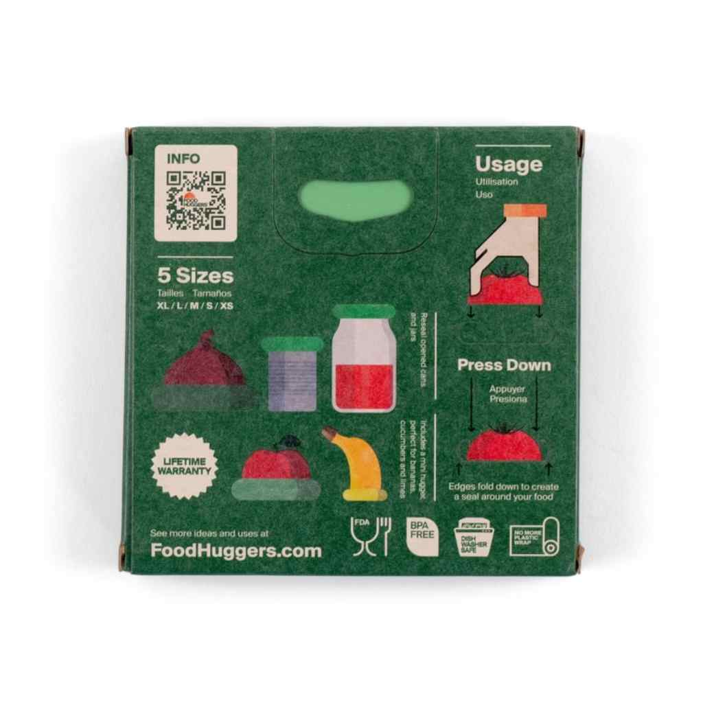 Green packaging for FoodHuggers with illustrations and text on a white background