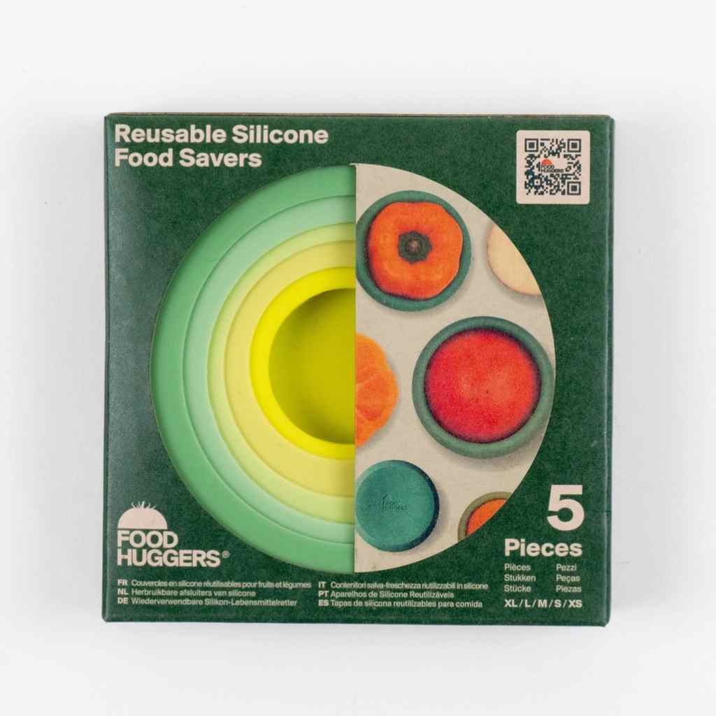 Box of Food Huggers reusable silicone food savers with colorful illustrations on a white background