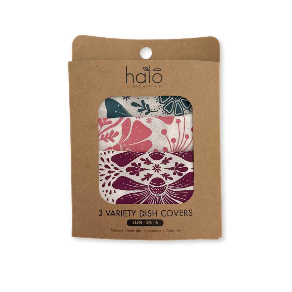 Packaging of Halo 3 Variety Dish Covers with floral design on a white background