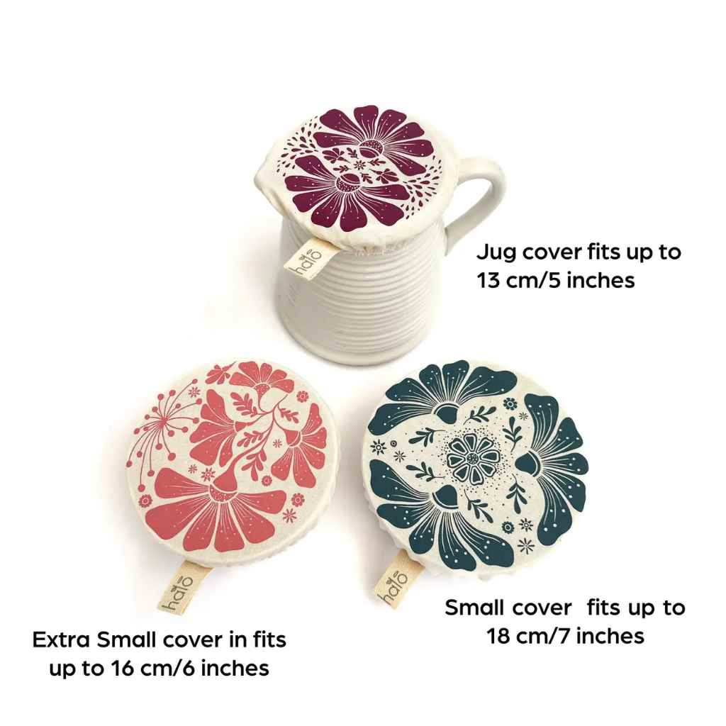 Three floral-patterned covers with size specifications on a white background