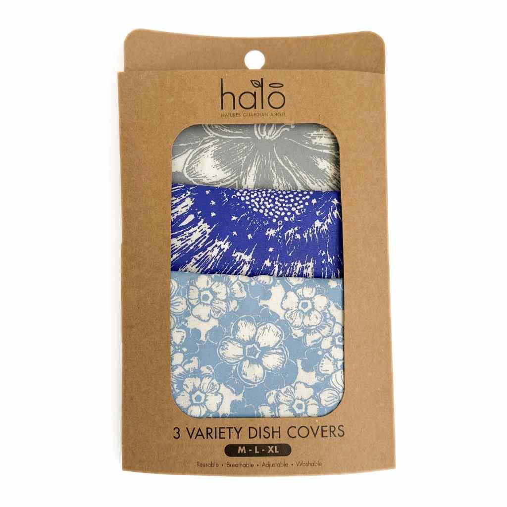 Packaging of 3 variety dish covers with floral patterns on a brown cardboard box.