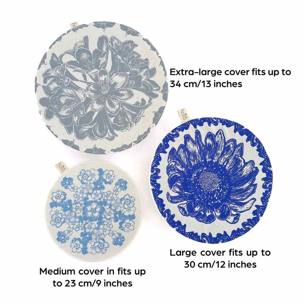 Three floral-patterned dish covers with size specifications on a white background