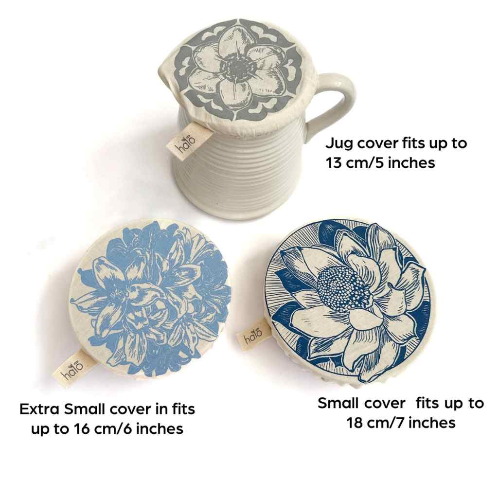 Three floral-patterned dish and jug covers  on a white background