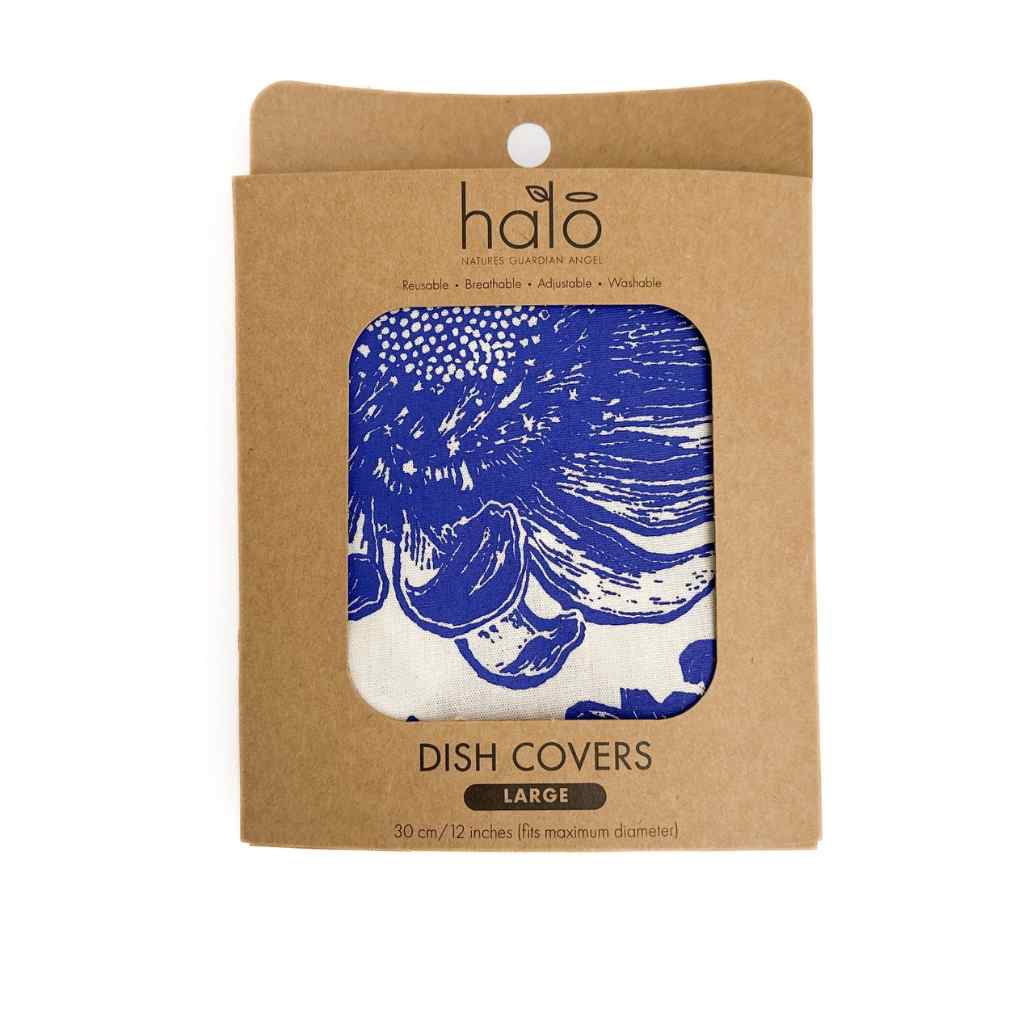 Package with one dish cover with blue design on a brown cardboard packaging