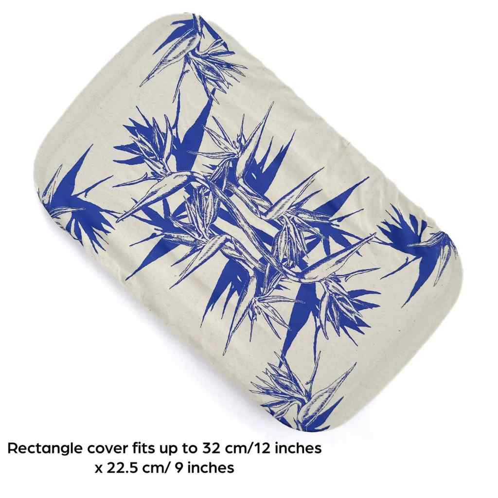 Rectangular dish cover with blue bamboo pattern on a white background