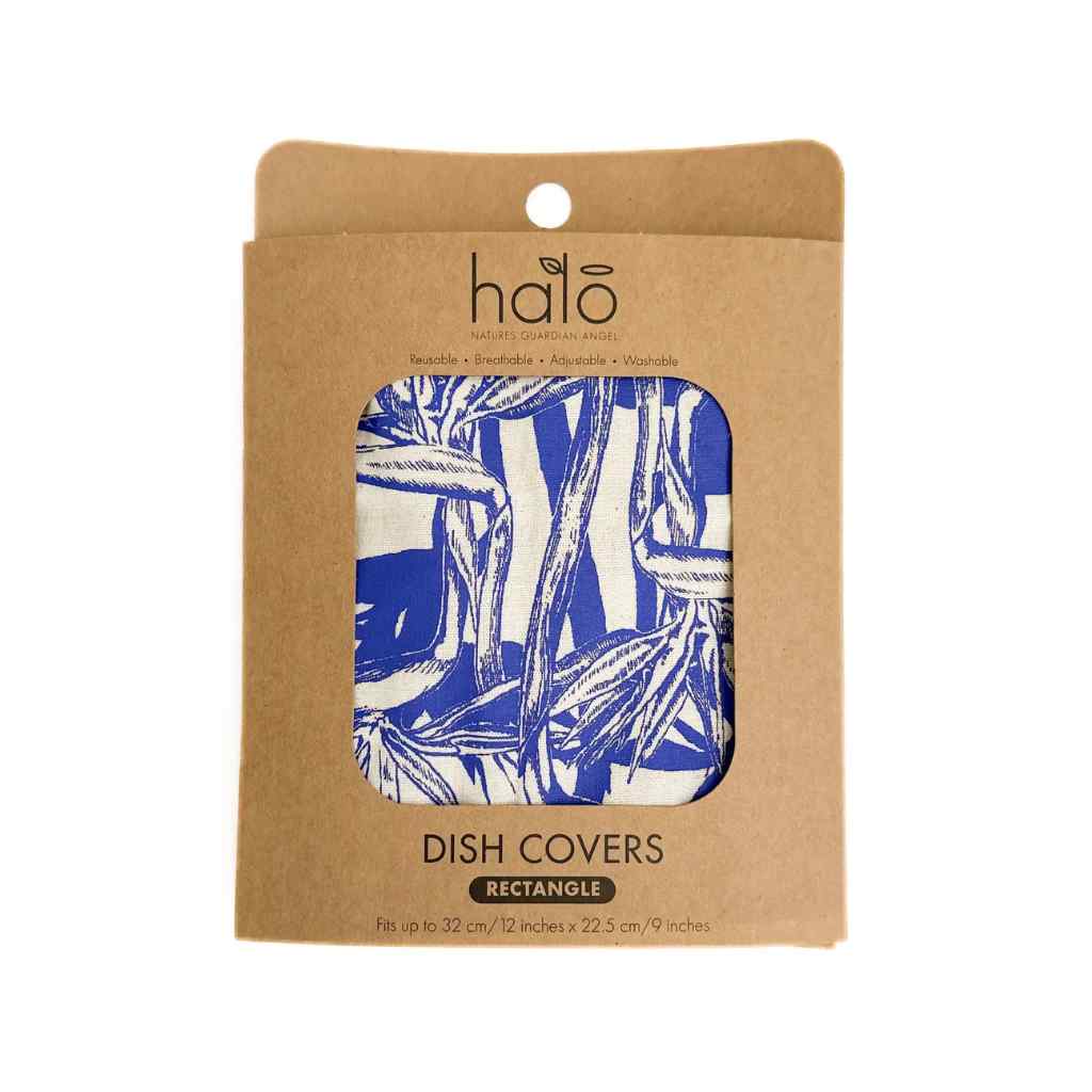 Kraft paper packaging for Halo dish covers with blue and white design