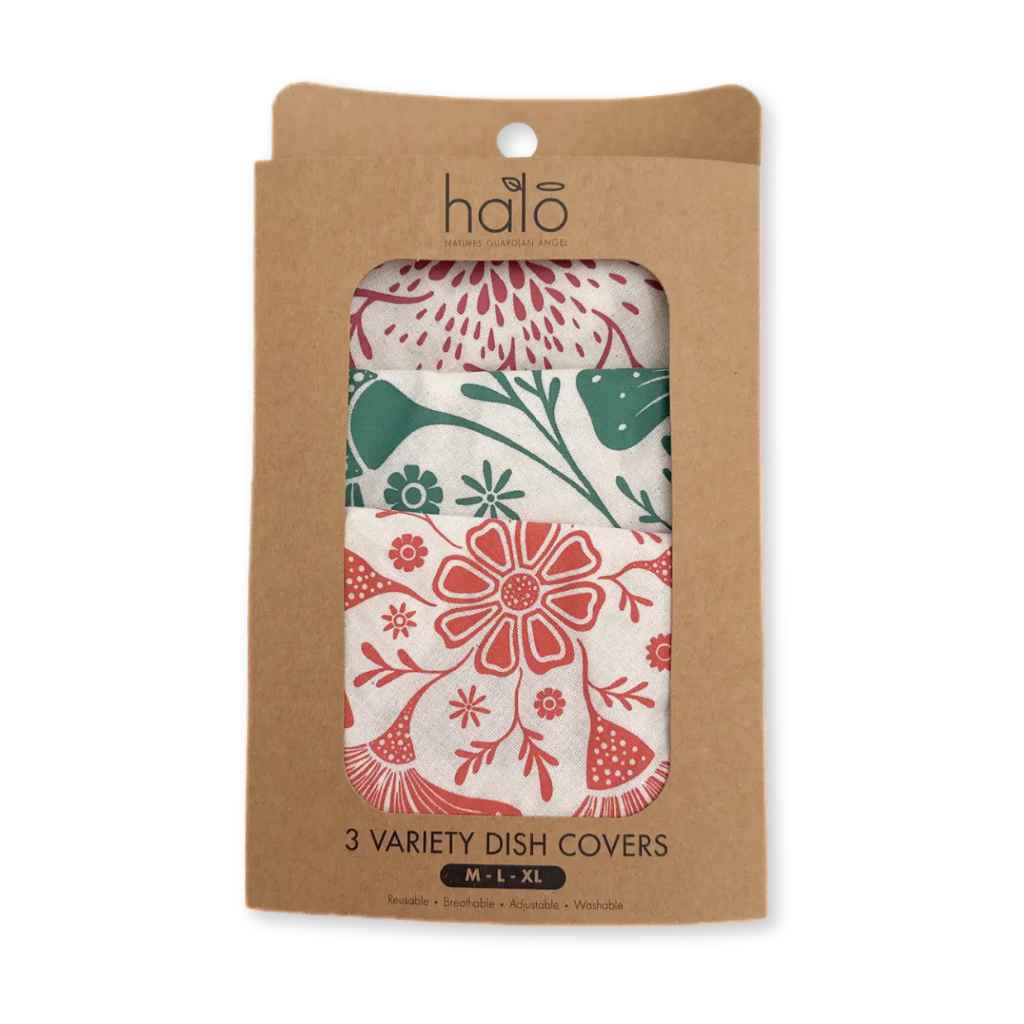 Floral-patterned dish cover in packaging with 'halo' branding