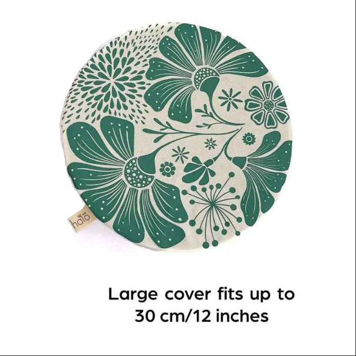 Three floral-patterned covers with size specifications on a white background