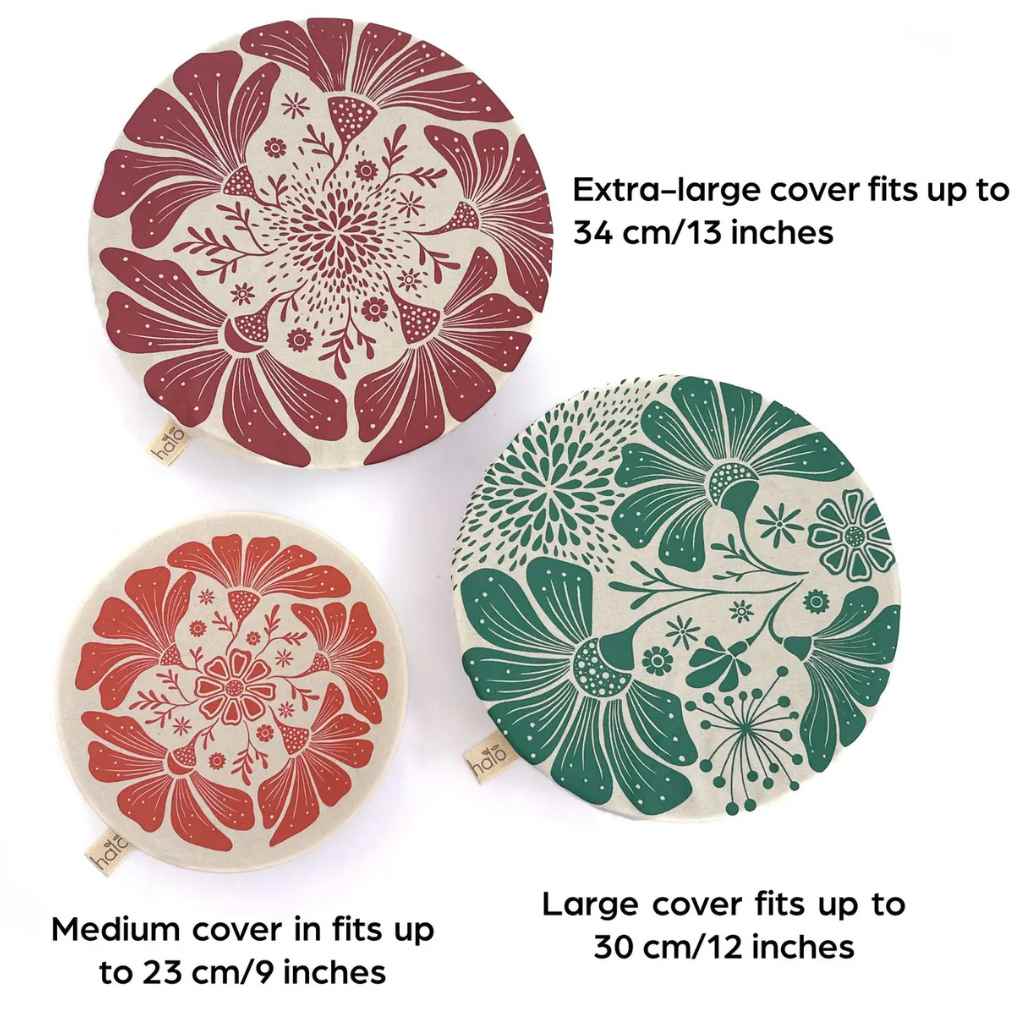 Three floral-patterned covers with size specifications on a white background