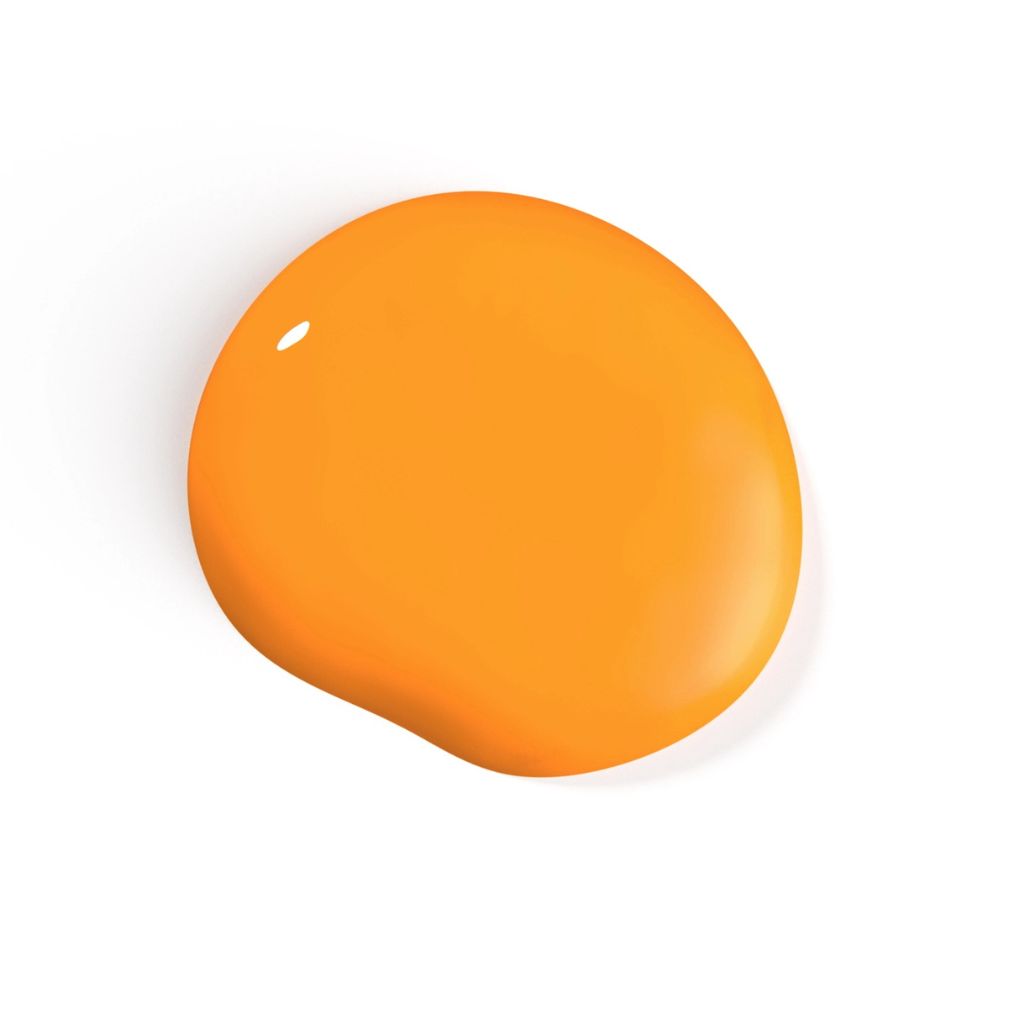 A glossy, smooth, organic-shaped orange swatch of nail polish clean white background.