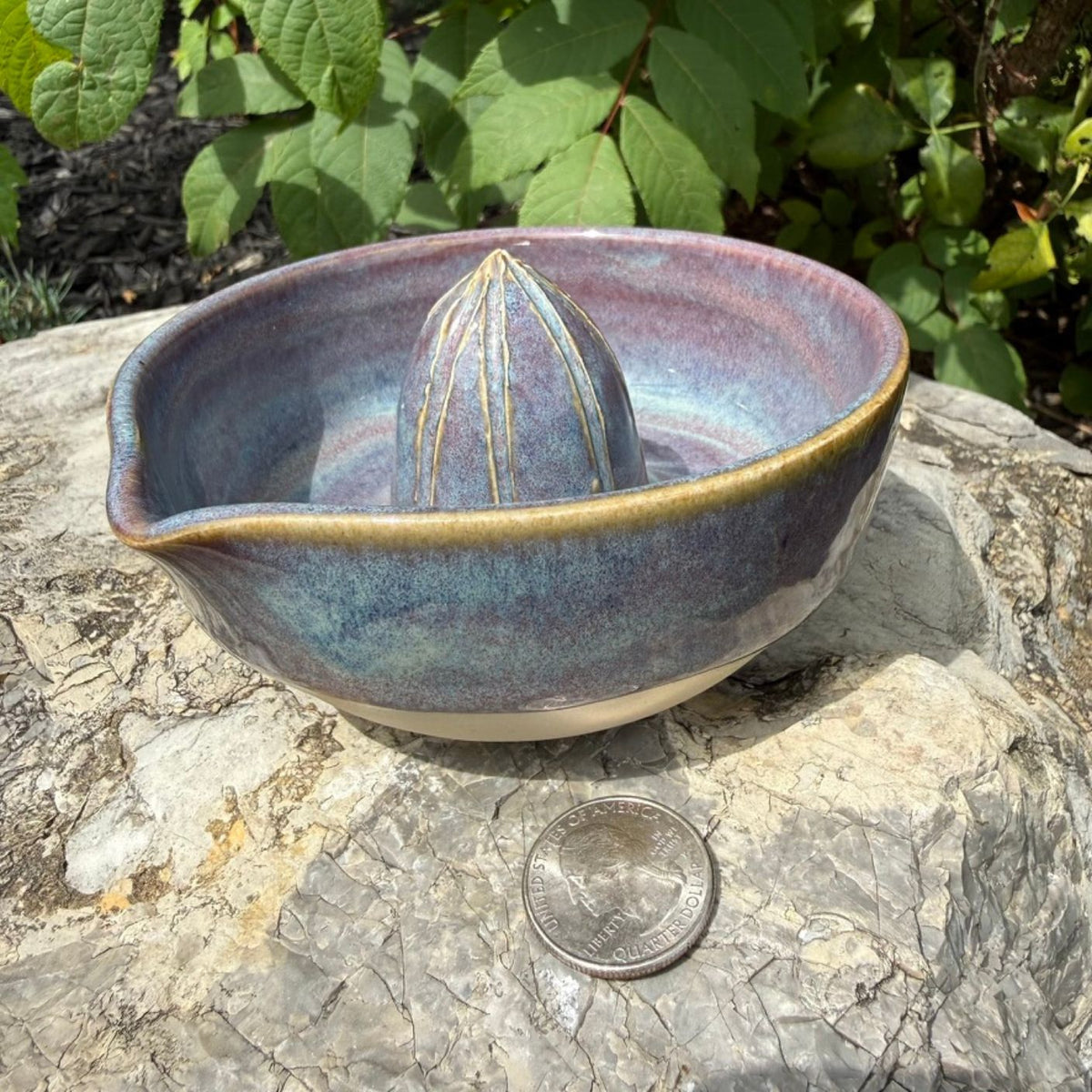 A handmade ceramic citrus juicer bowl sits on a large stone outdoors, with green leaves in the background and a US quarter coin placed in front for scale.