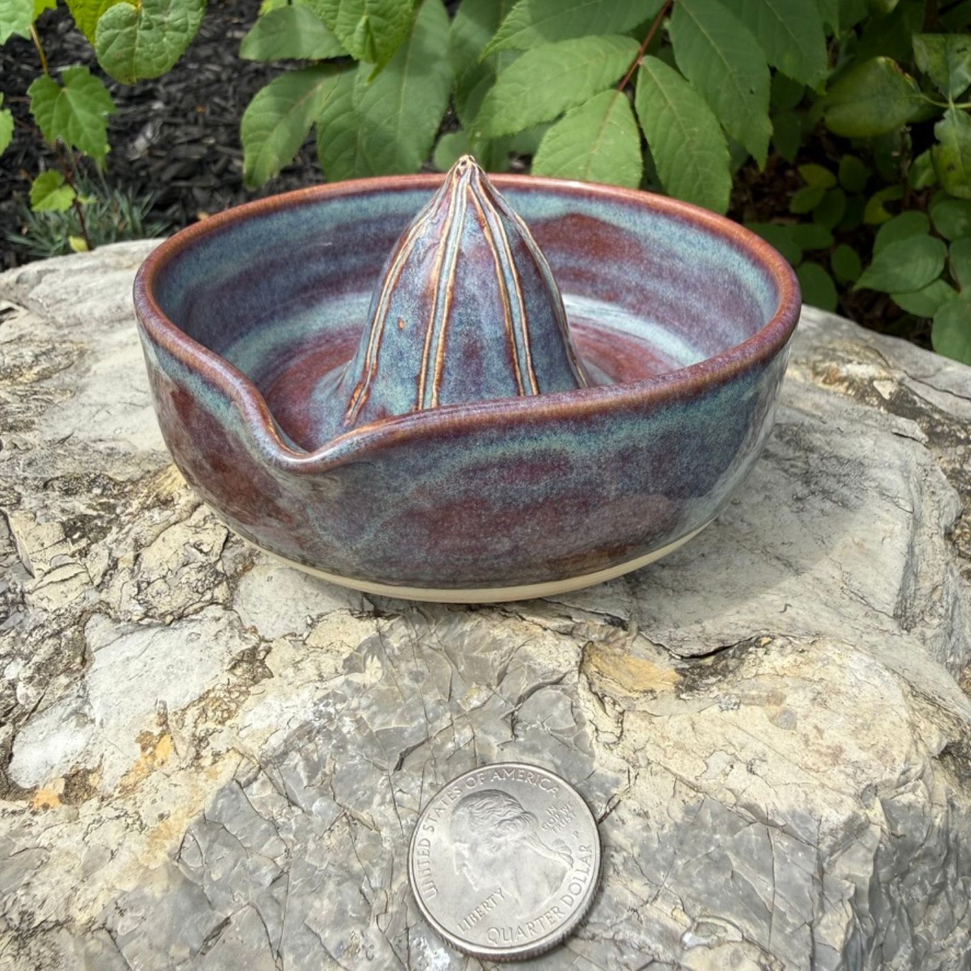 A handmade ceramic citrus juicer bowl with a blue and reddish-brown glaze, shown on a stone surface outdoors with green leaves in the background and a coin for scale.