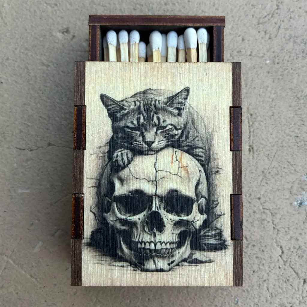 Cat on Skull Wood Match Box + Matches