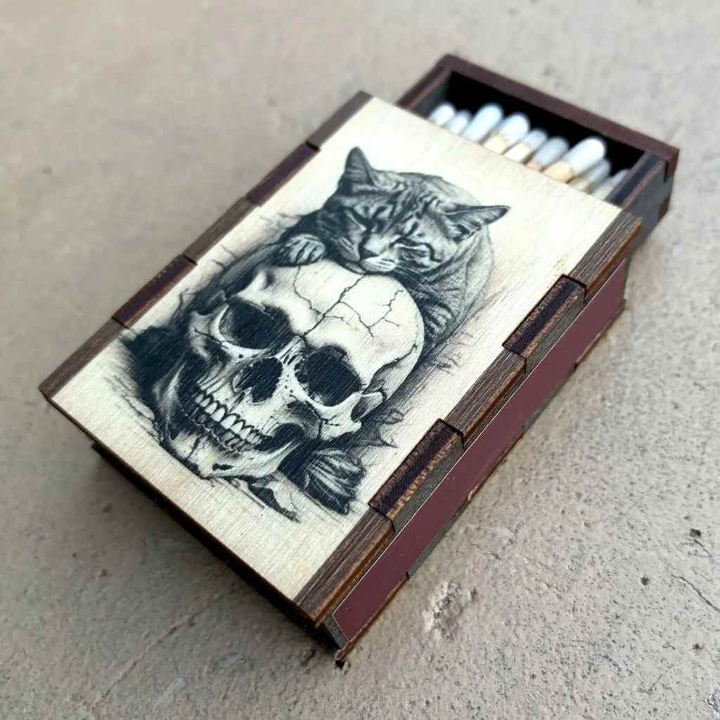 Cat on Skull Wood Match Box + Matches