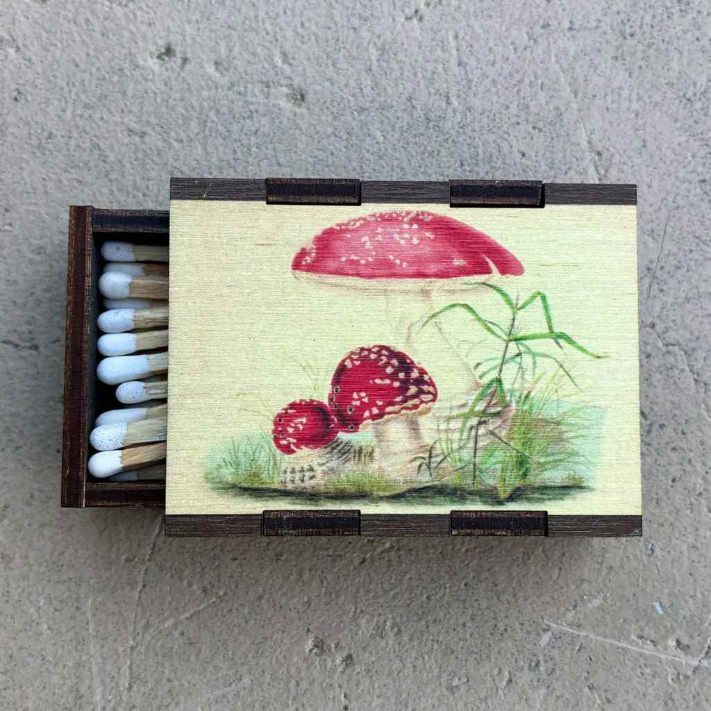 Mushroom Toadstool Wood Match Box + Matches