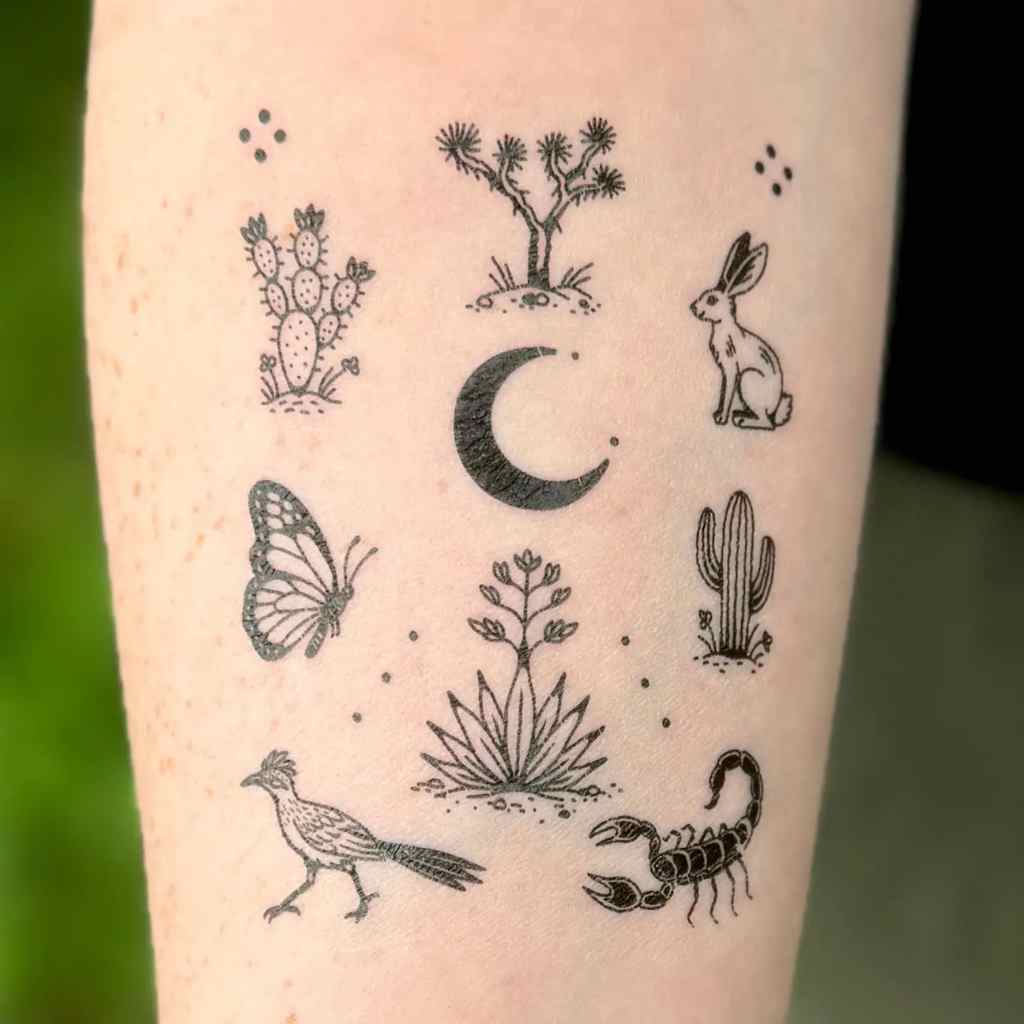 Tattoos of various nature-themed designs on a person's arm.