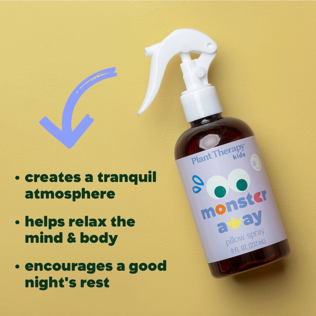 Bottle of 'monster aay' pillow spray with text on a yellow background