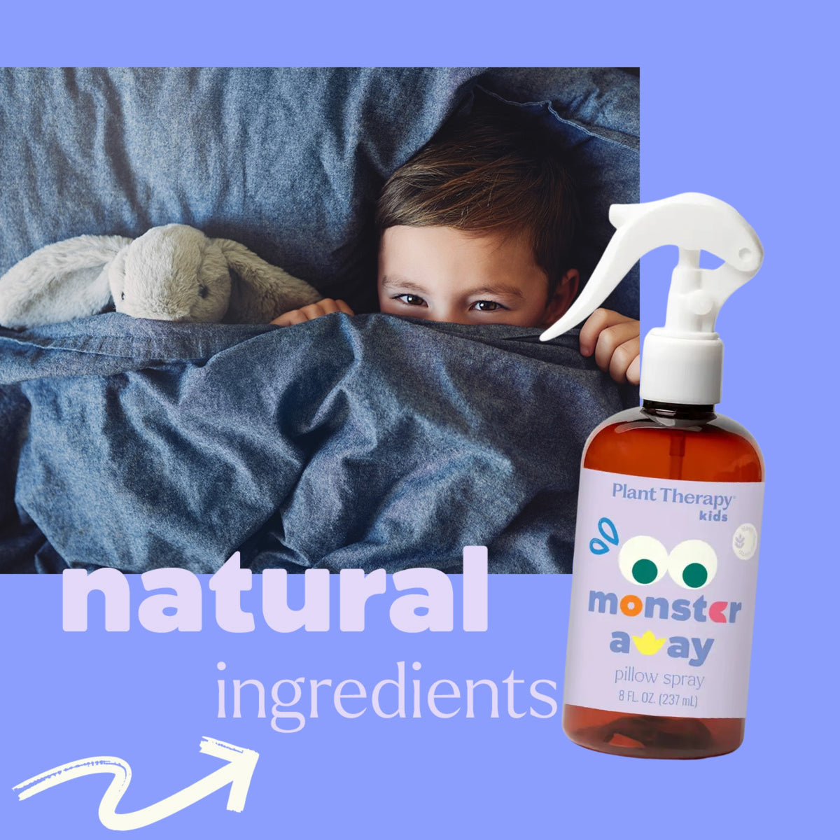 Plant Therapy Kids 'monster away' pillow spray bottle shown next to a lifestyle photo of a child peeking from under a blue blanket in bed, with text overlays reading 'natural ingredients' on a solid light purple background.