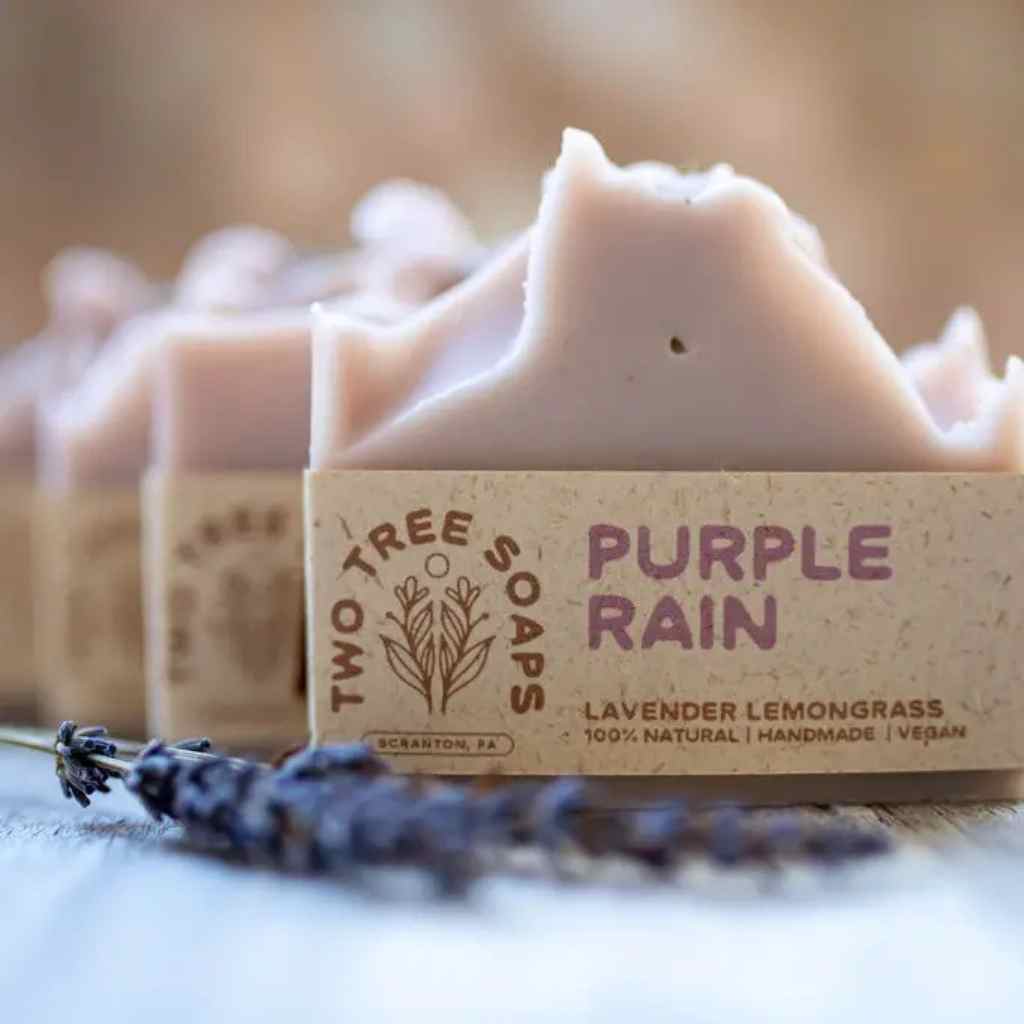 Two Tree Soaps 'Purple Rain' lavender lemongrass soap bar with a blurred background
