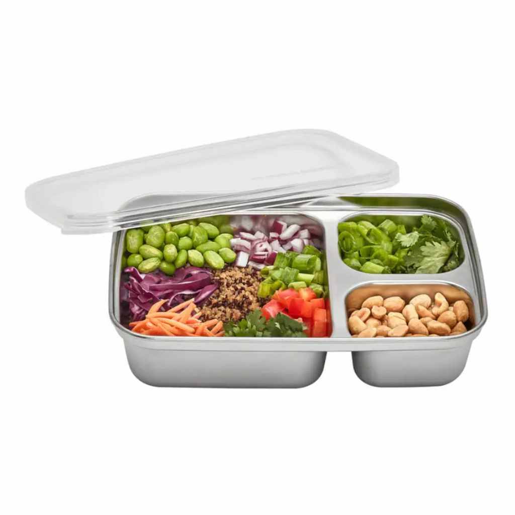 Stainless Steel Container with Silicone Lid — 3 Compartment Rectangle