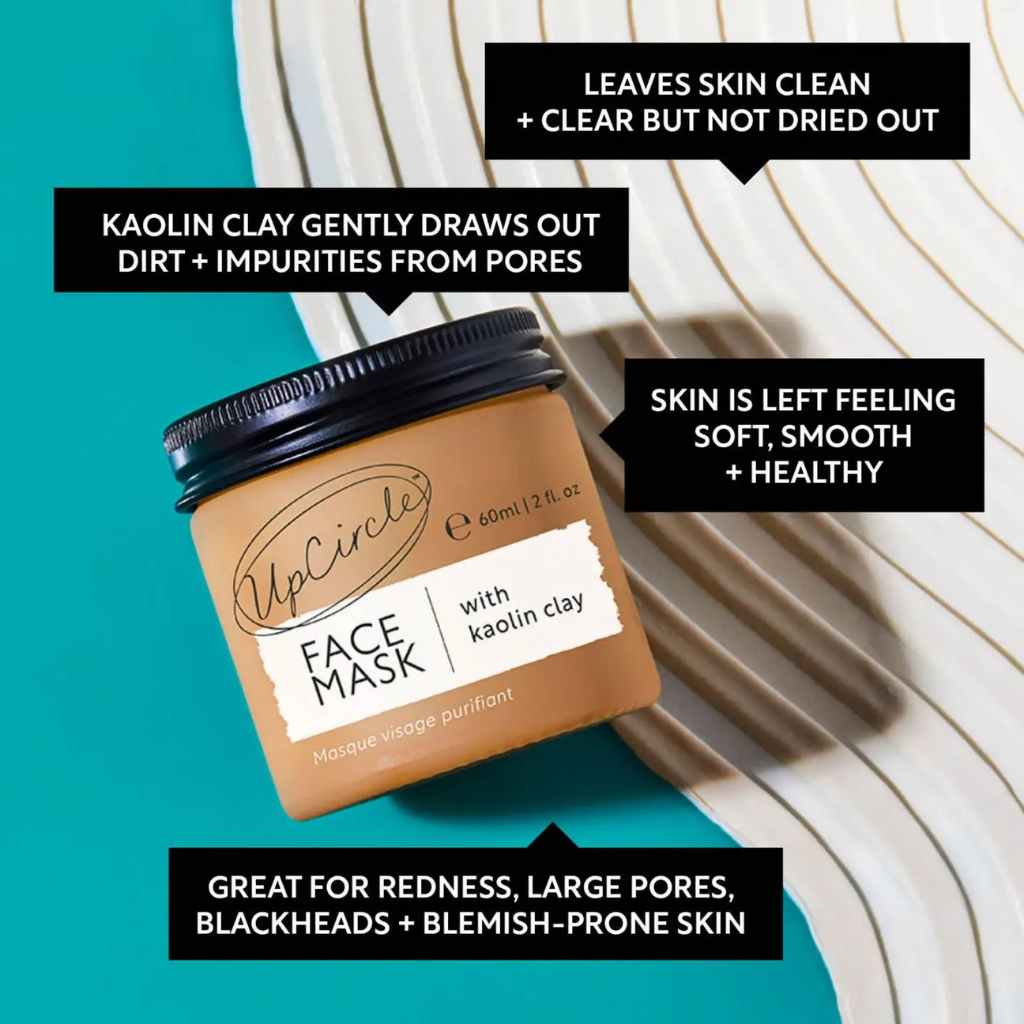 UpCircle face mask jar with text highlighting benefits on a teal background