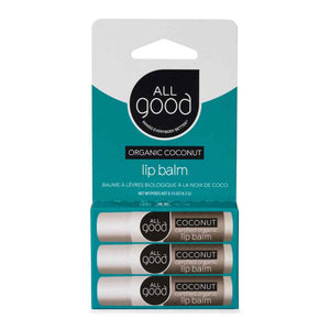 blue, white, and black package of organic lip balms, set of 3, in coconut flavor made of organic ingredients