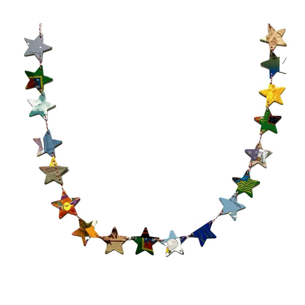 Attic Journal decorative garland with star shapes made from used, reclaimed, recycled board books