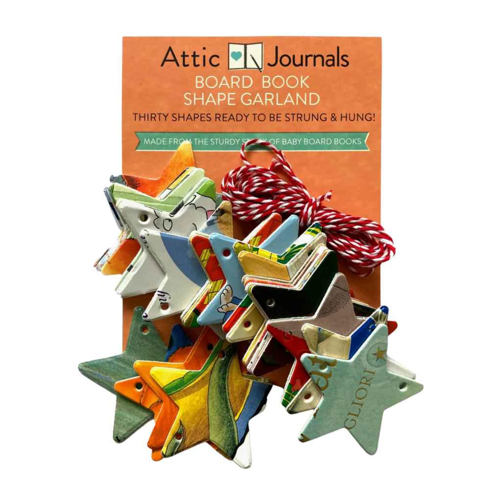 Attic Journal decorative garland with star shapes made from used, reclaimed, recycled board books
