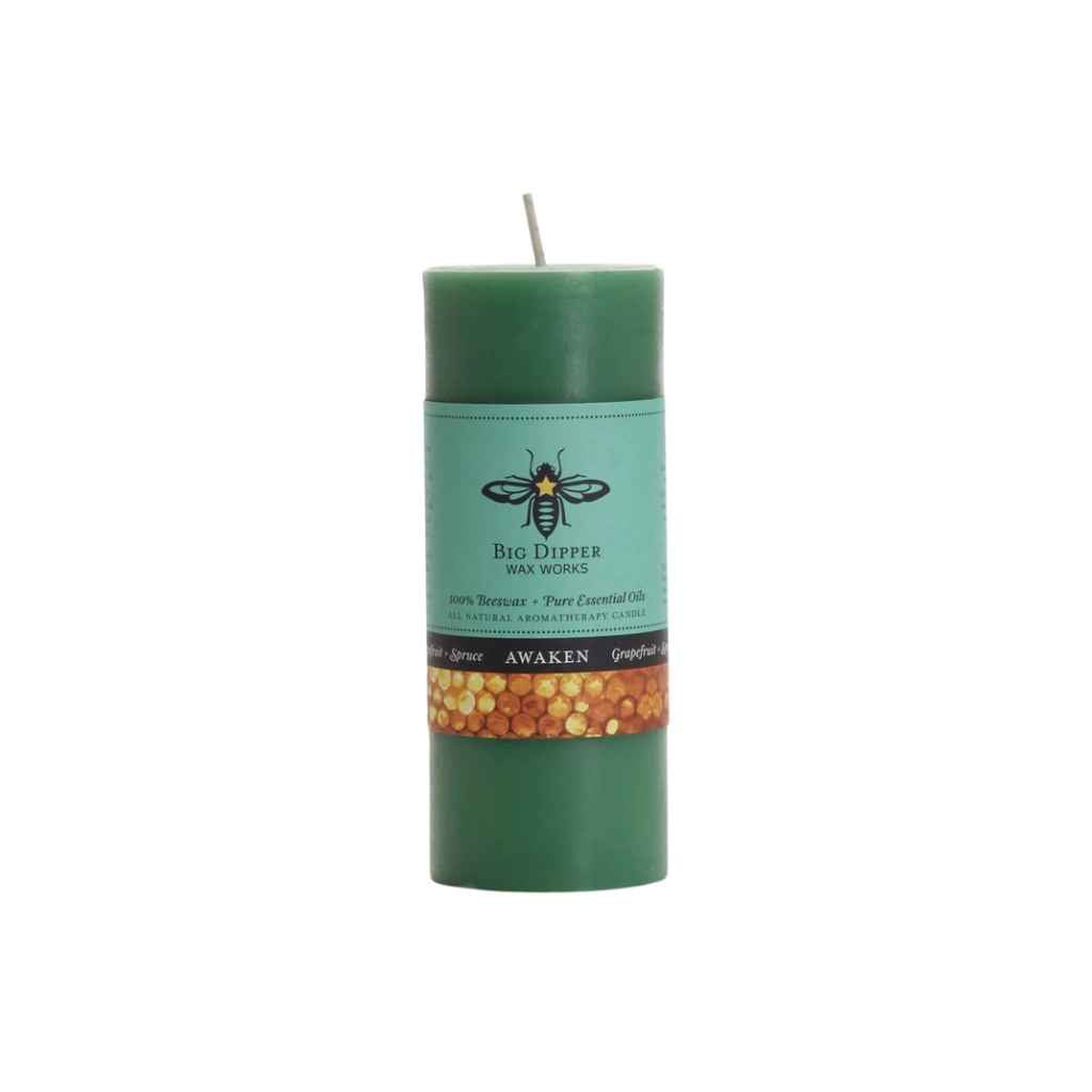 100% beeswax aromatherapy candles made by Big Dipper Wax Works. Small pillar candle in Awaken, sage green.