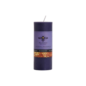 100% beeswax aromatherapy candles made by Big Dipper Wax Works. Small pillar candle in Harmony, deep purple.