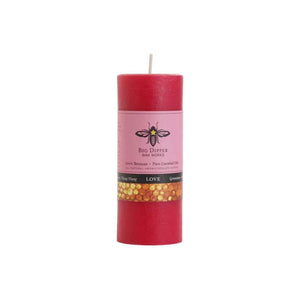 100% beeswax aromatherapy candles made by Big Dipper Wax Works. Small pillar candle in Love, bright pink red.