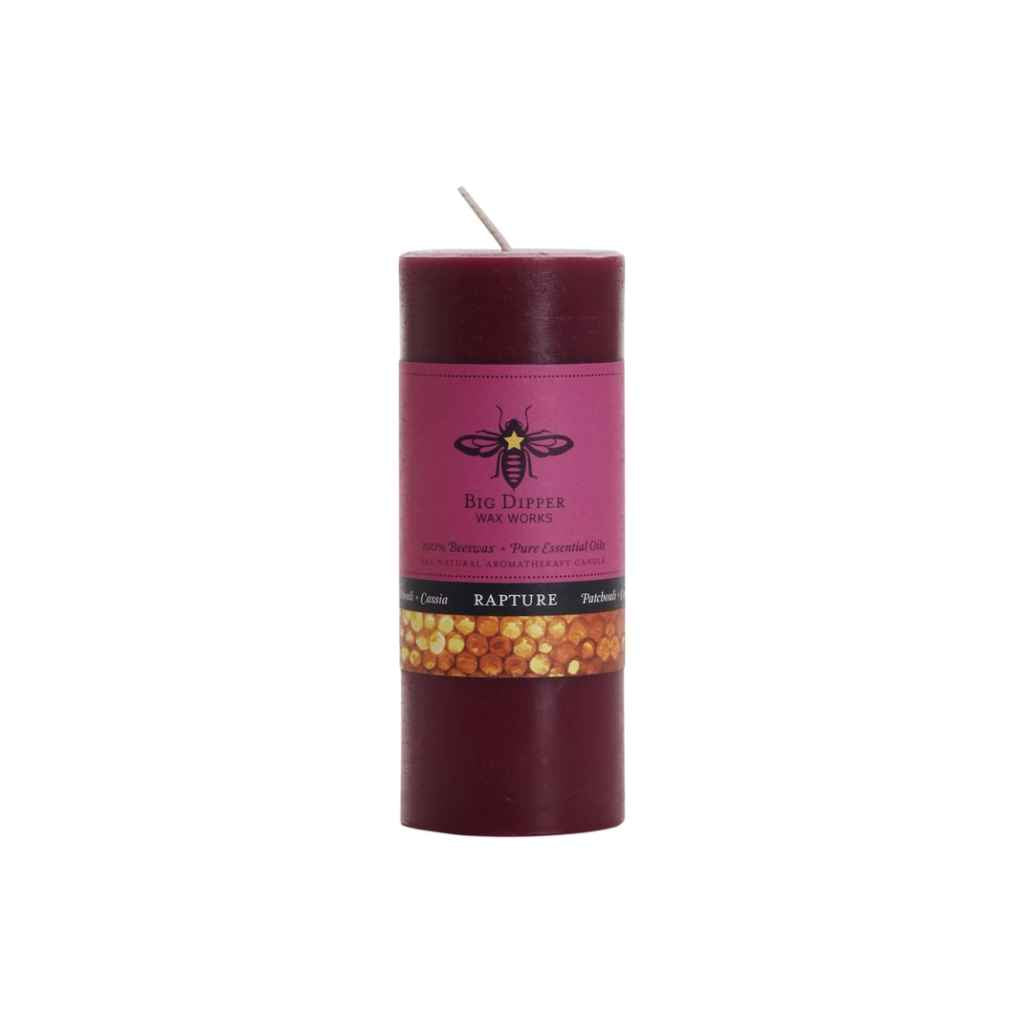 100% beeswax aromatherapy candles made by Big Dipper Wax Works. Small pillar candle in Rapture, deep plum color.