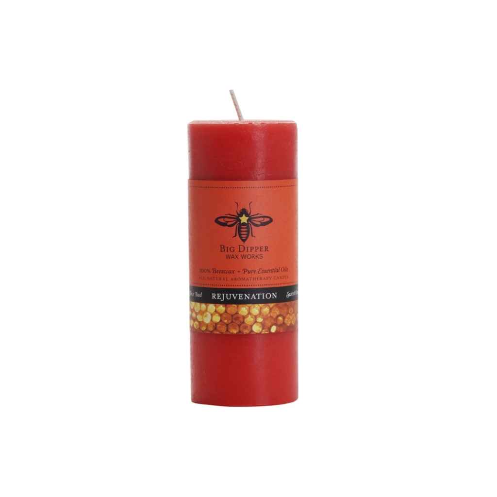 100% beeswax aromatherapy candles made by Big Dipper Wax Works. Small pillar candle in Rejuvenation, tomato red.