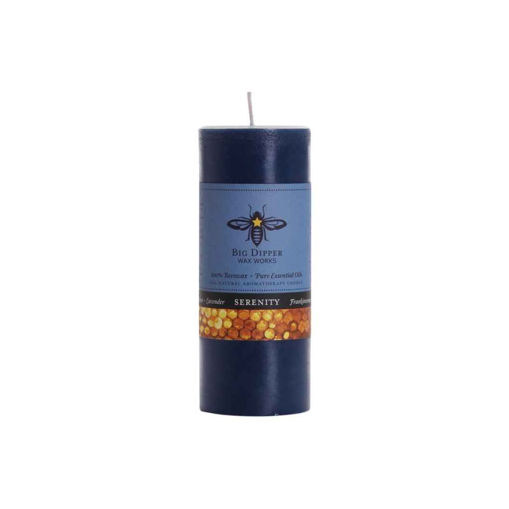 100% beeswax aromatherapy candles made by Big Dipper Wax Works. Small pillar candle in Serenity, dark blue.