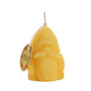 100% beeswax holiday candles in the shape of a Gnome named Folly. By Big Dipper Wax Works. Made in USA.