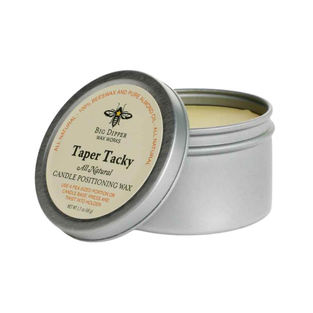 tin container of taper tacky all natural candle positioning wax made by Big Dipper Wax Works