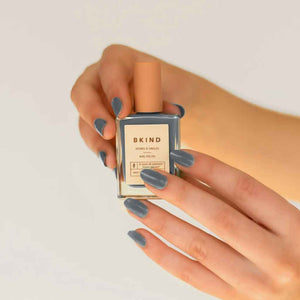 VEGAN, 21-Free, 77% plant-based nail polish, BKIND nail polish in Karma, a cold blue-grey color