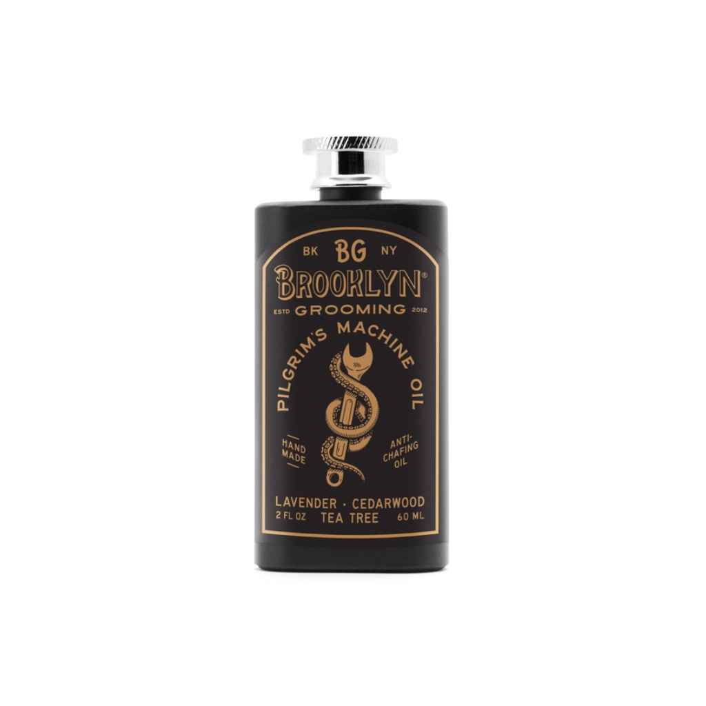 black stainless steel flask containing Brooklyn Grooming Pilgrim&#39;s Machine Oil