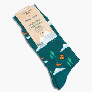Conscious Step Socks That Protect the Planet with Discovery, green with snowcapped mountains, evergreen trees, and the crescent moon. Organic. Fair trade