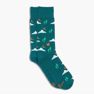 Conscious Step Socks That Protect the Planet with Discovery, green with snowcapped mountains, evergreen trees, and the crescent moon. Organic. Fair trade