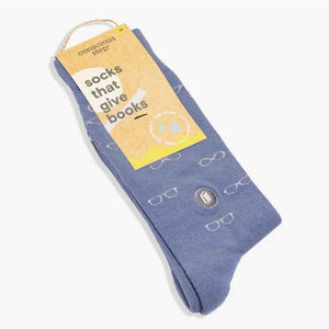 Conscious Step Socks That Give Books to children around the globe, blue with white reading glasses. Organic. Fair trade