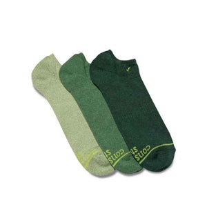 Conscious Step socks that plant trees - 3 pairs = 3 trees planted. Three pairs of ankle socks in 3 different green shades. Box set.