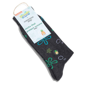 Conscious Step fair trade organic cotton socks that protect oceans - black with SpongeBob floral pattern