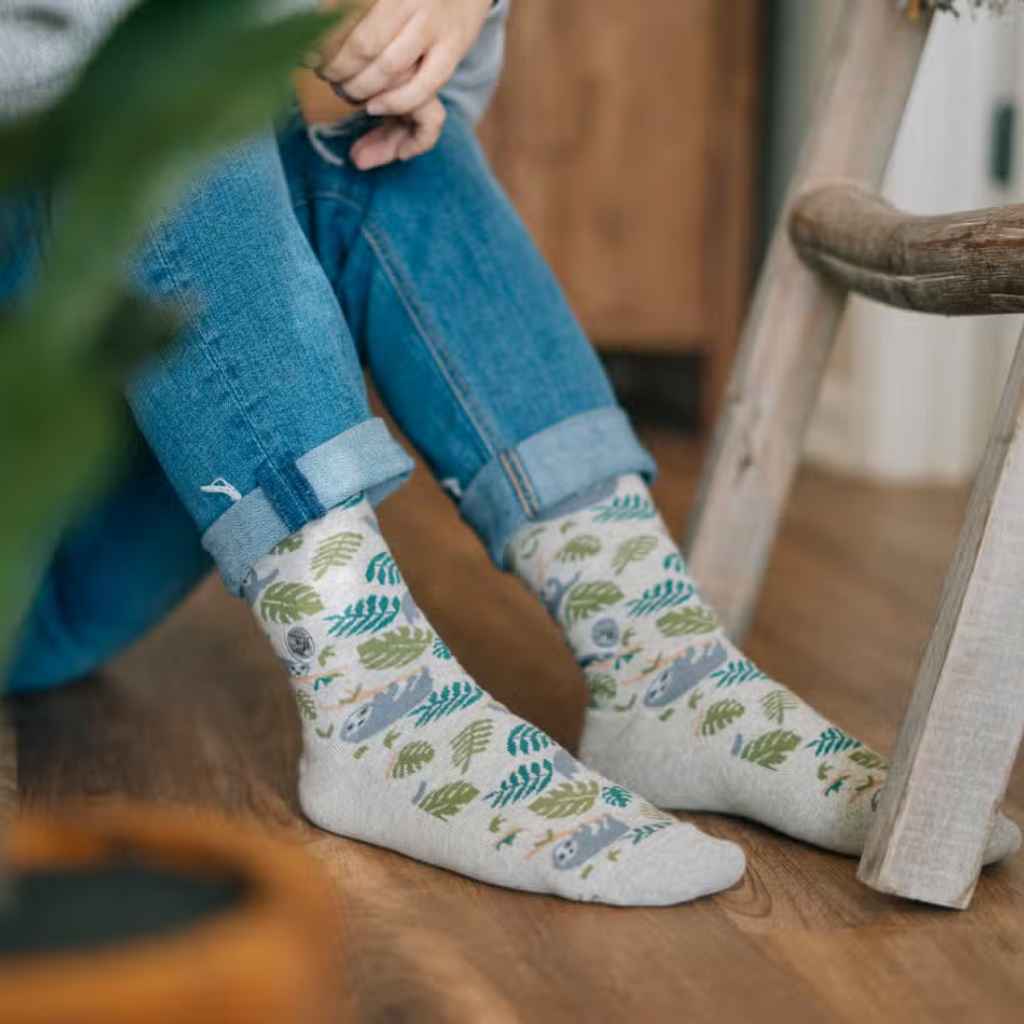 Grey crew socks with sloth pattern fair trade organic