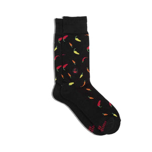 Conscious Step fair trade organic cotton socks that provide meals through World Central Kitchen- black with chili peppers
