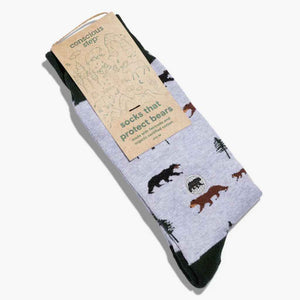 Conscious Step Socks That Protect Bears, grey with black and brown bears and pine trees. Organic. Fair trade.
