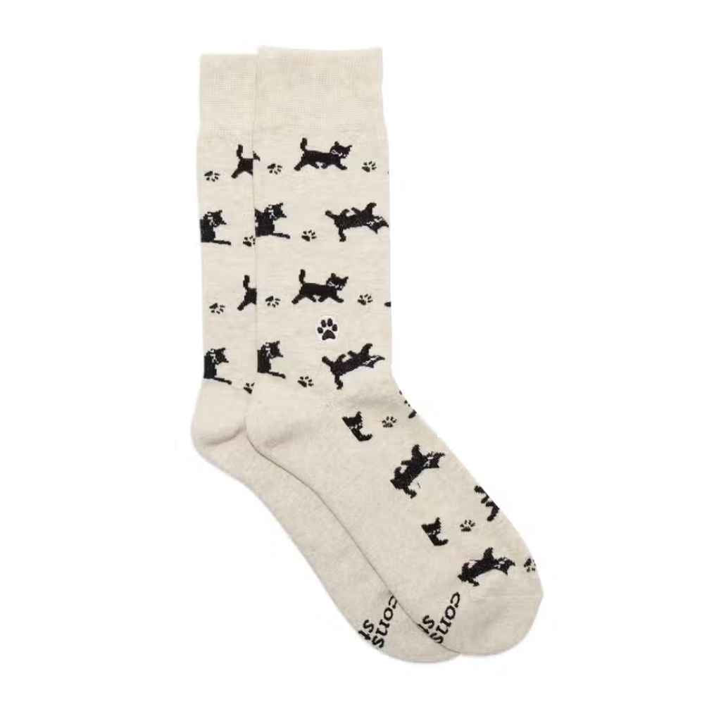 Conscious Step crew Socks That Save Cats beige-colored with black kitties and paw prints. Organic. Fair trade.